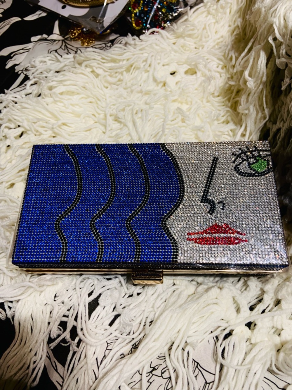 Colorful Rhinestone Face Clutch - Blue Wave Design - Picture 3 of 6